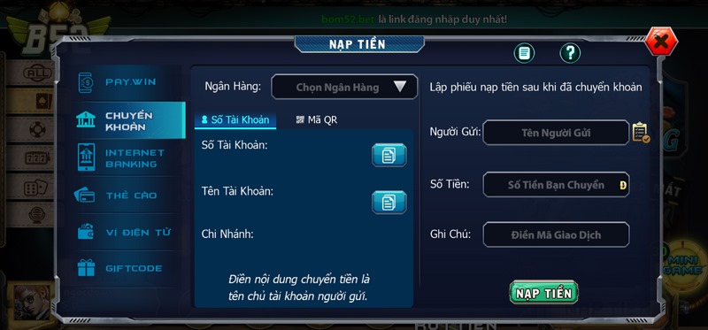 Giao dịch qua ngân hàng, thẻ cào, đại lý,...tất cả đều khả thi tại cổng game