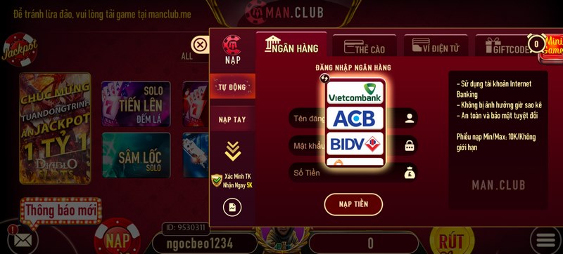 Rất nhiều phương thức giao dịch khác nhau đang được cung cấp tại Manclub