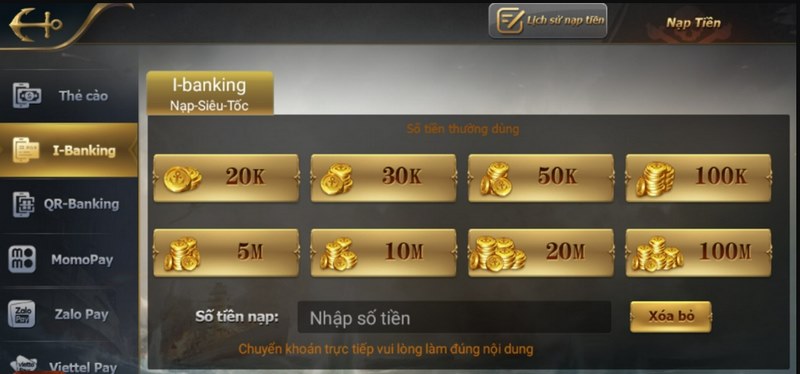 Hướng dẫn người chơi cách thực hiện việc nạp và rút tiền vào cổng game 