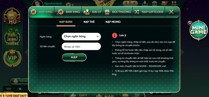 Hướng dẫn người chơi cách thực hiện thao tác nạp và rút tiền 