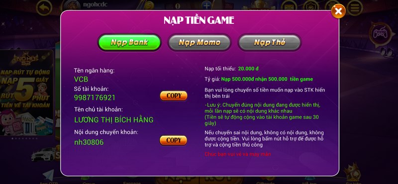 Hướng dẫn nạp rút tiền đơn giản tại cổng game qua tài khoản ngân hàng 