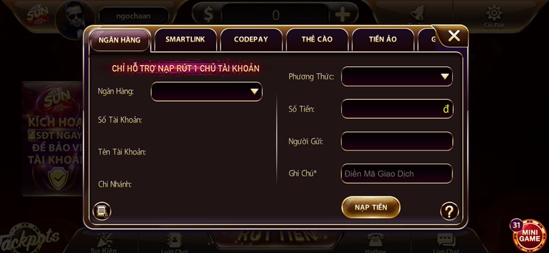 Hướng dẫn từng thao tác nạp và rút tiền ở cổng trò chơi 