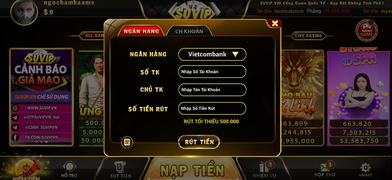 Chi tiết các bước giao dịch nạp rút tiền Suvip