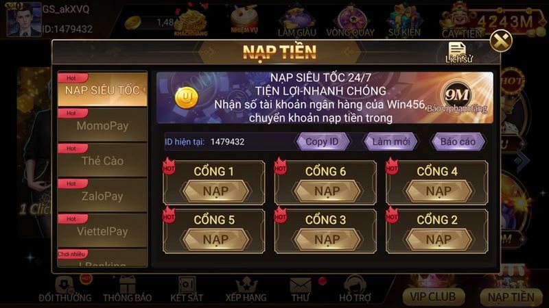 Dễ dàng nạp rút nhanh tại cổng game với vài bước