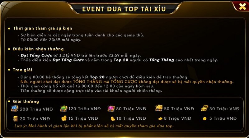 Tham dự event đua top tài xỉu nhận quà tặng siêu hấp dẫn