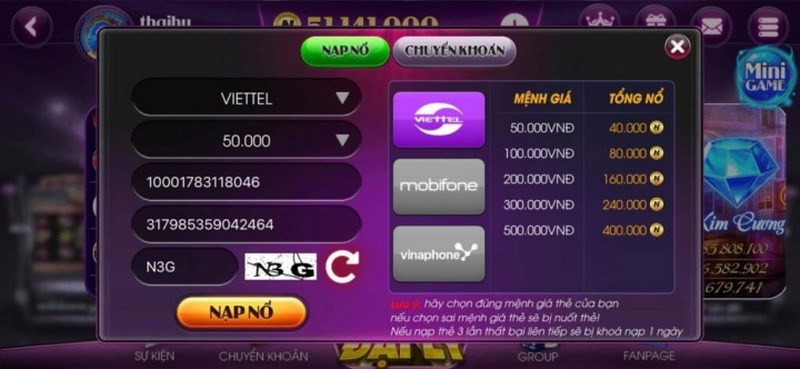 Cổng game hiện đang triển khai cho thành viên rất nhiều kênh thanh toán khác nhau